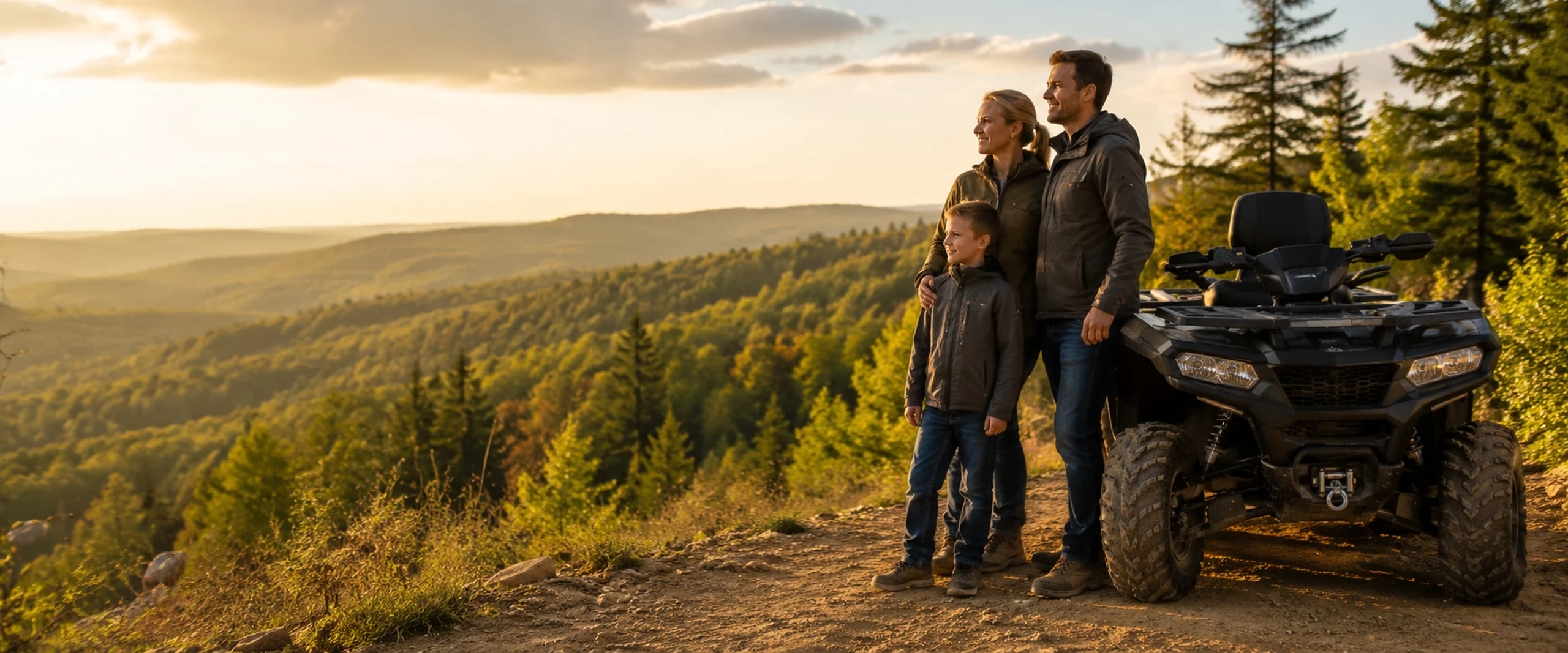 Family standing beside an ATV at a mountain overlook at golden hour