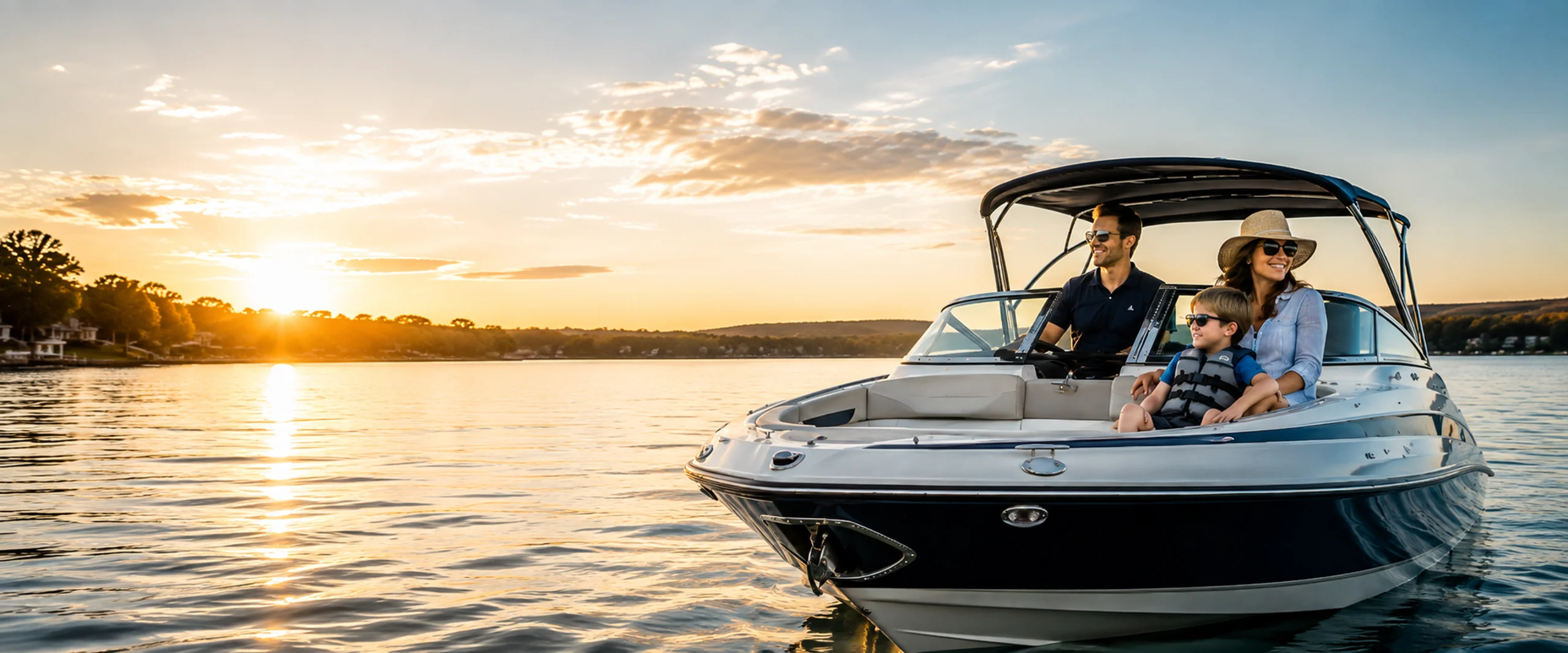 Family boating together on the water at sunset, with the child wearing a life jacket