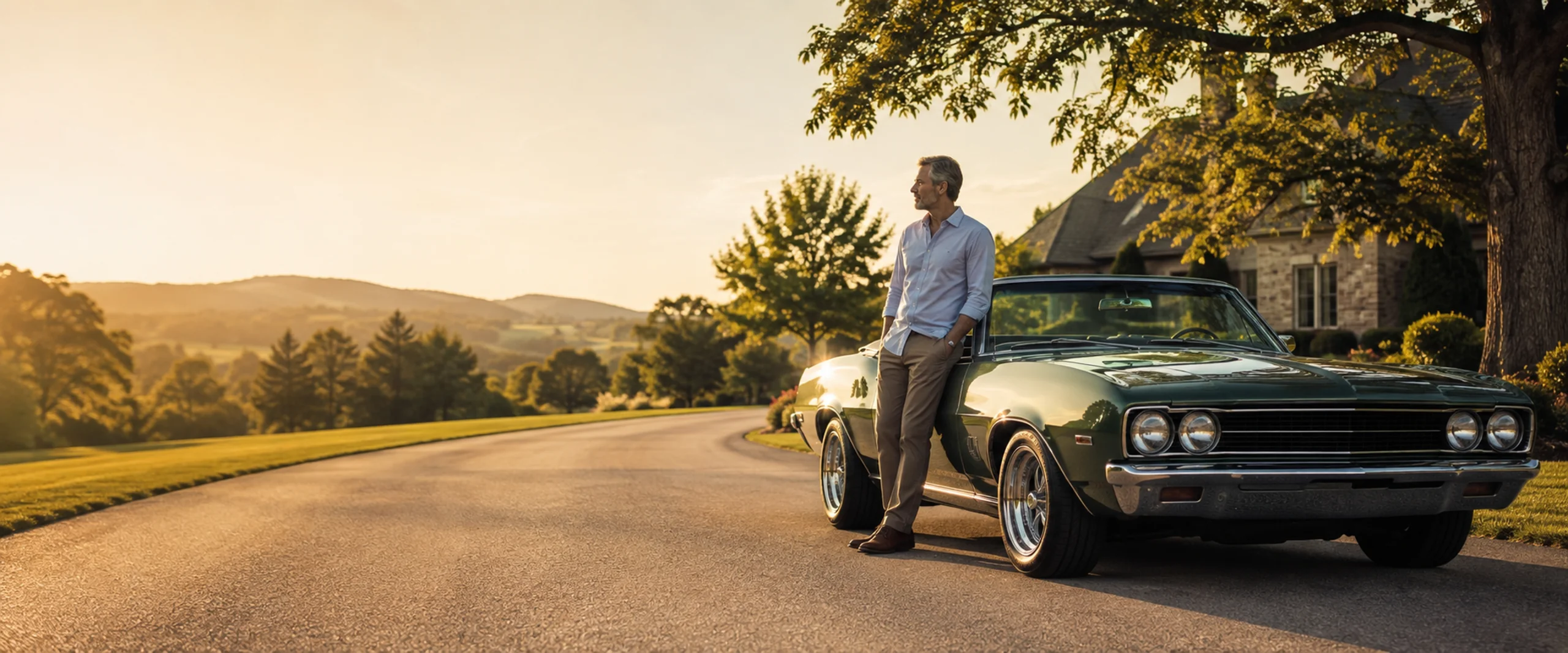Classic green convertible and its owner on a Virginia estate drive at sunset