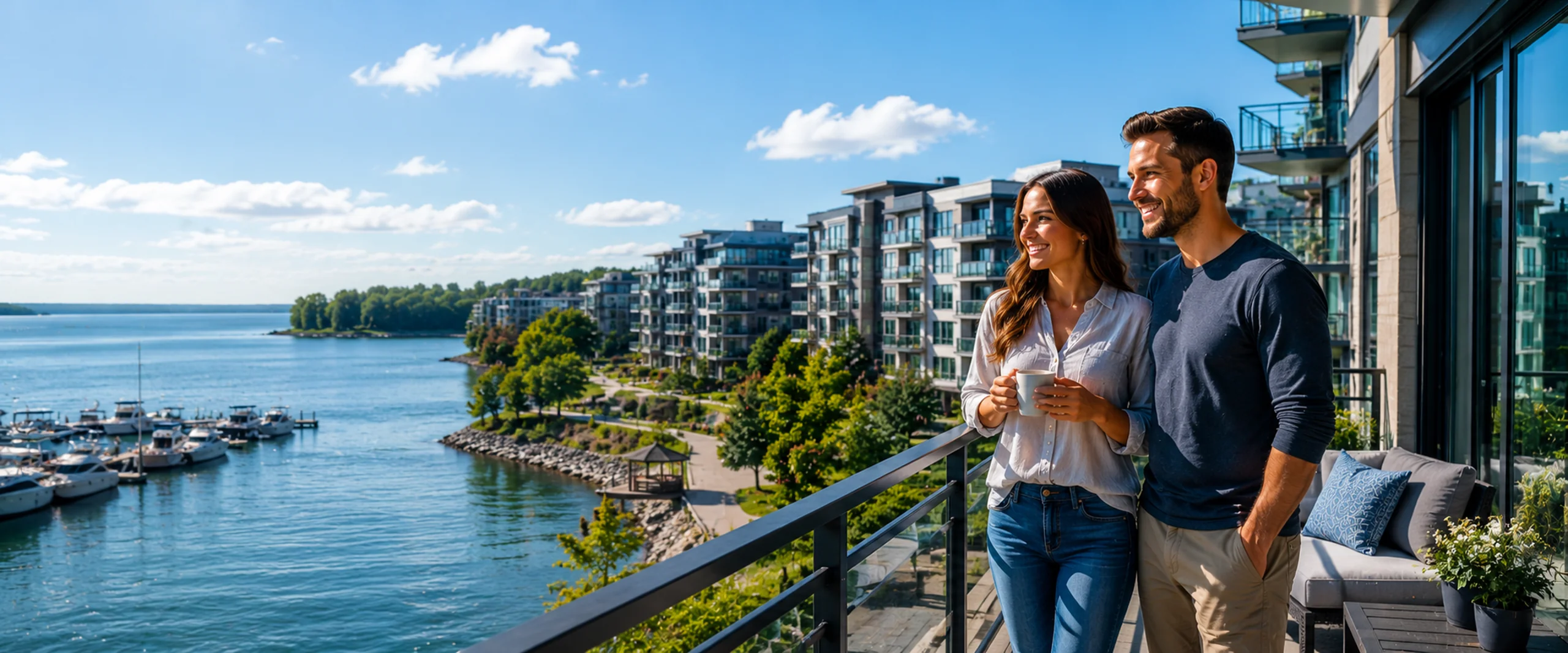 Couple on a condo balcony overlooking the waterfront and marina