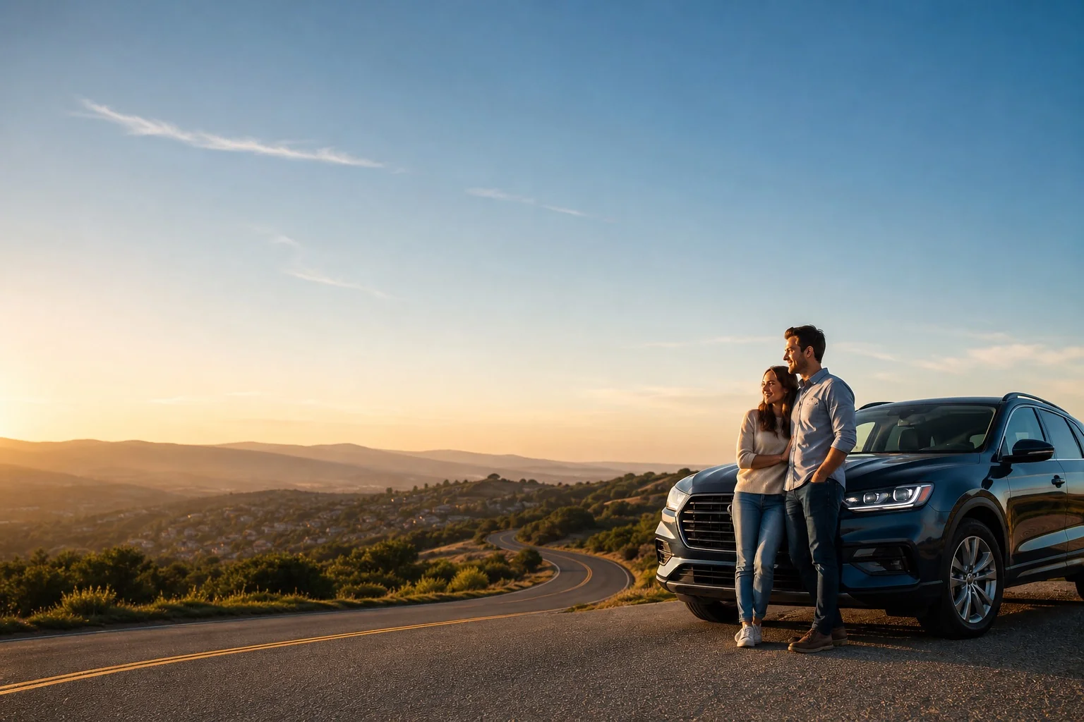 Couple with an SUV overlooking a mountain valley near Roanoke, Virginia