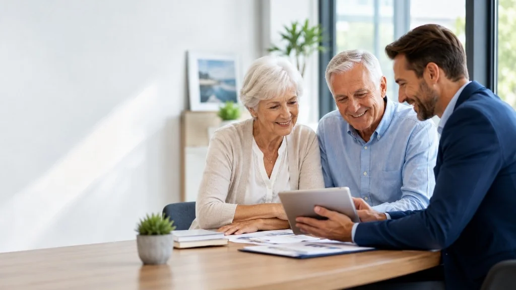 A retired couple reviewing Medicare options with an insurance advisor