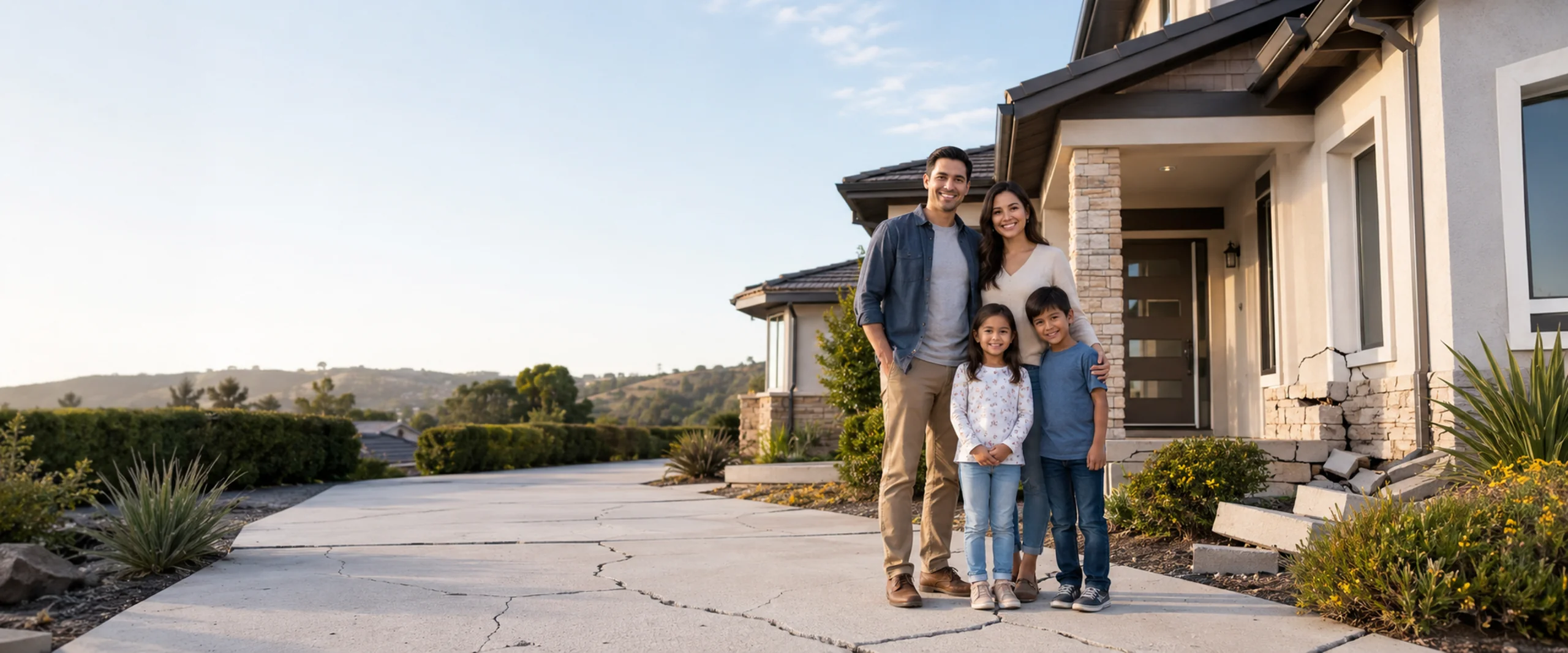 Family standing in front of a home with earthquake damage to the driveway and foundation
