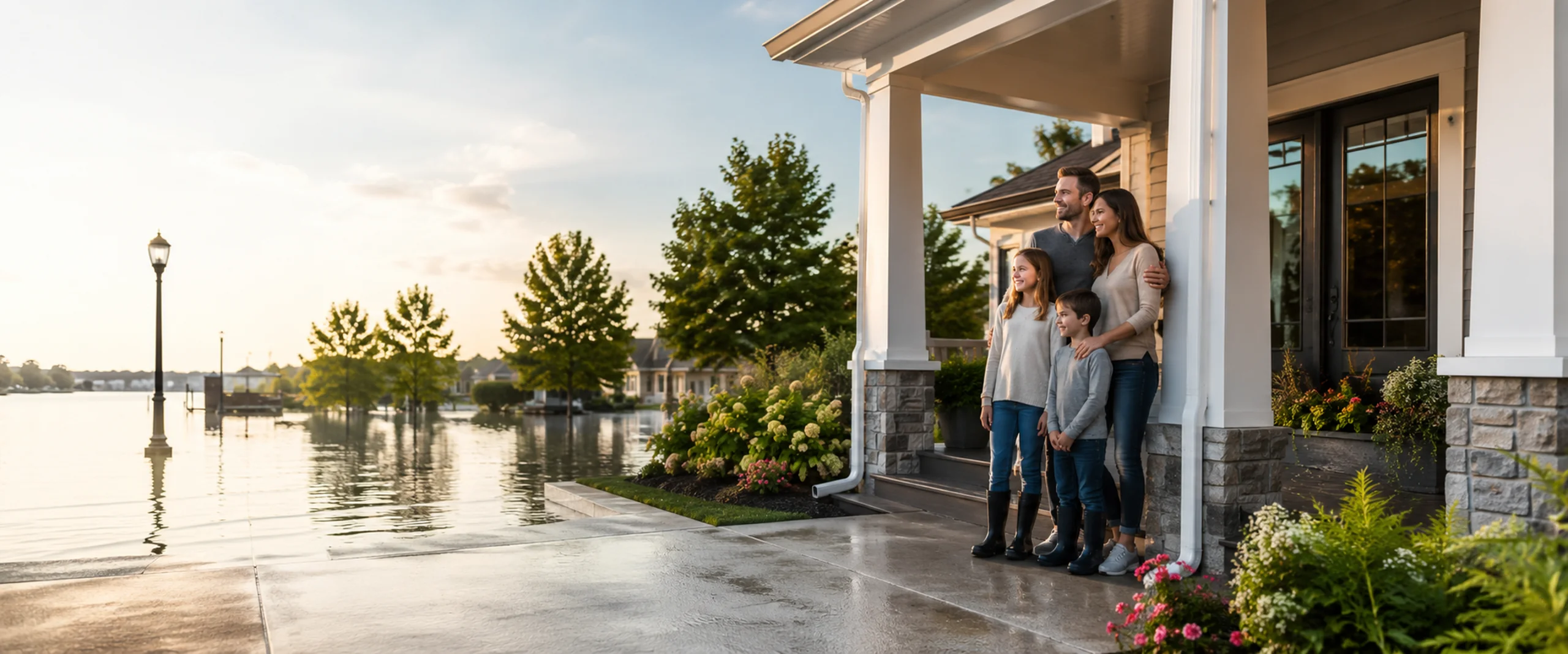 Family standing on a porch during a flood, looking out at the water and sunset sky