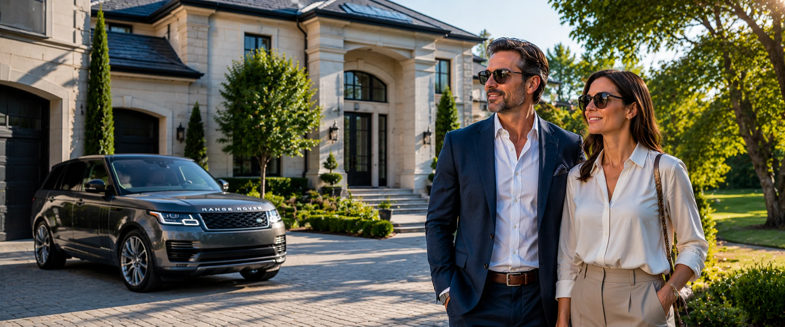 Affluent couple standing in the driveway of a luxury estate beside a Range Rover