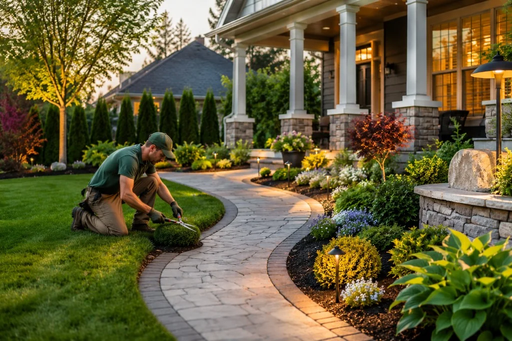 Landscaper trimming shrubs along a front walkway at dusk
