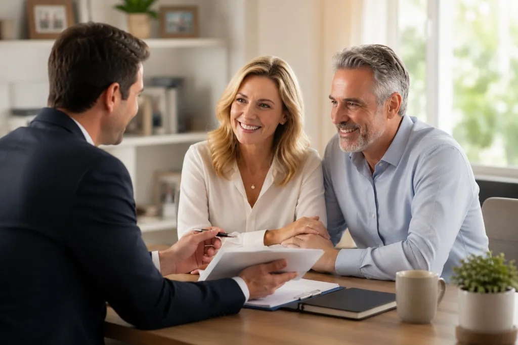 Insurance advisor meeting with a couple to review documents