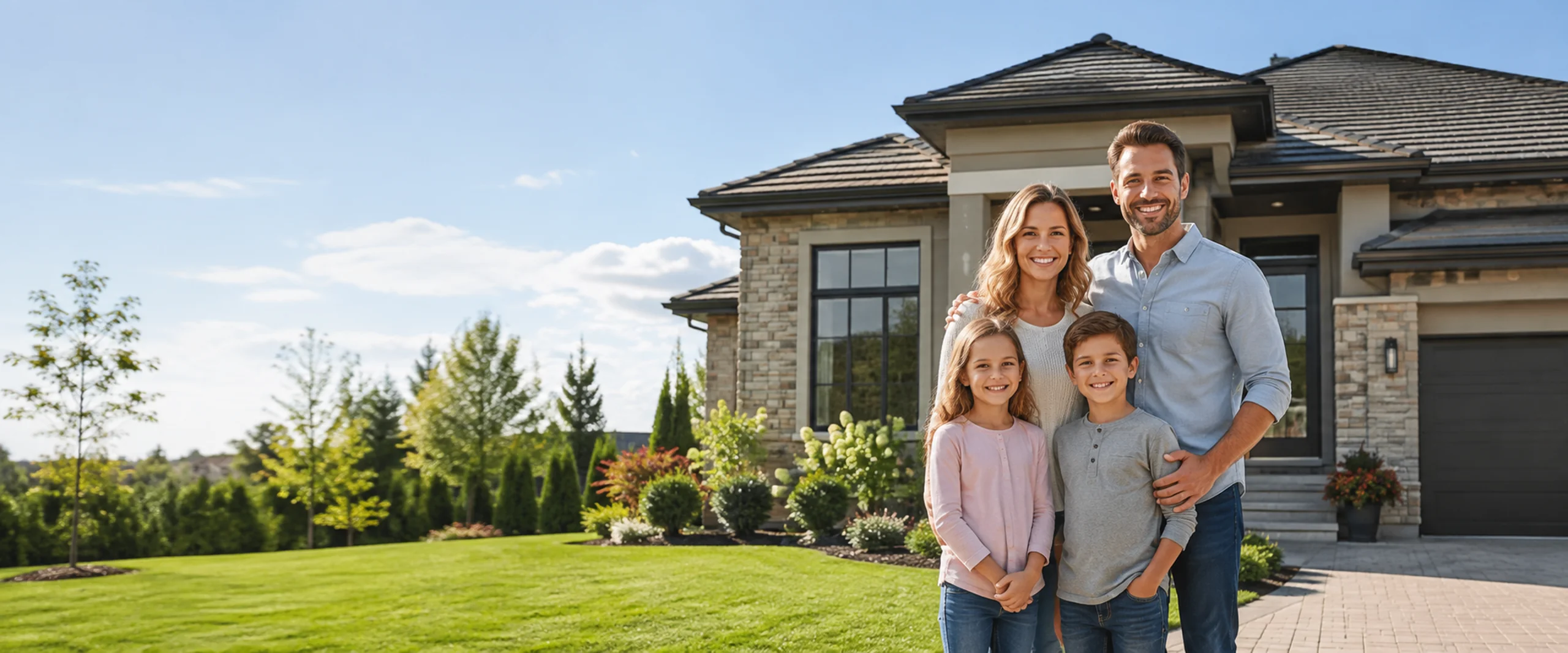 Family of four standing together in front of their home