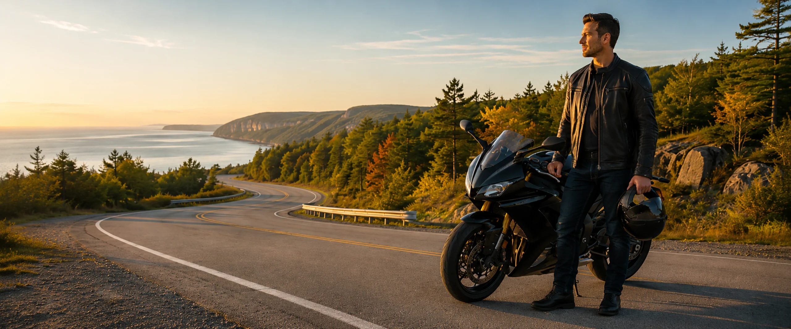 Motorcyclist with helmet standing beside a sport bike on a scenic coastal road at sunset