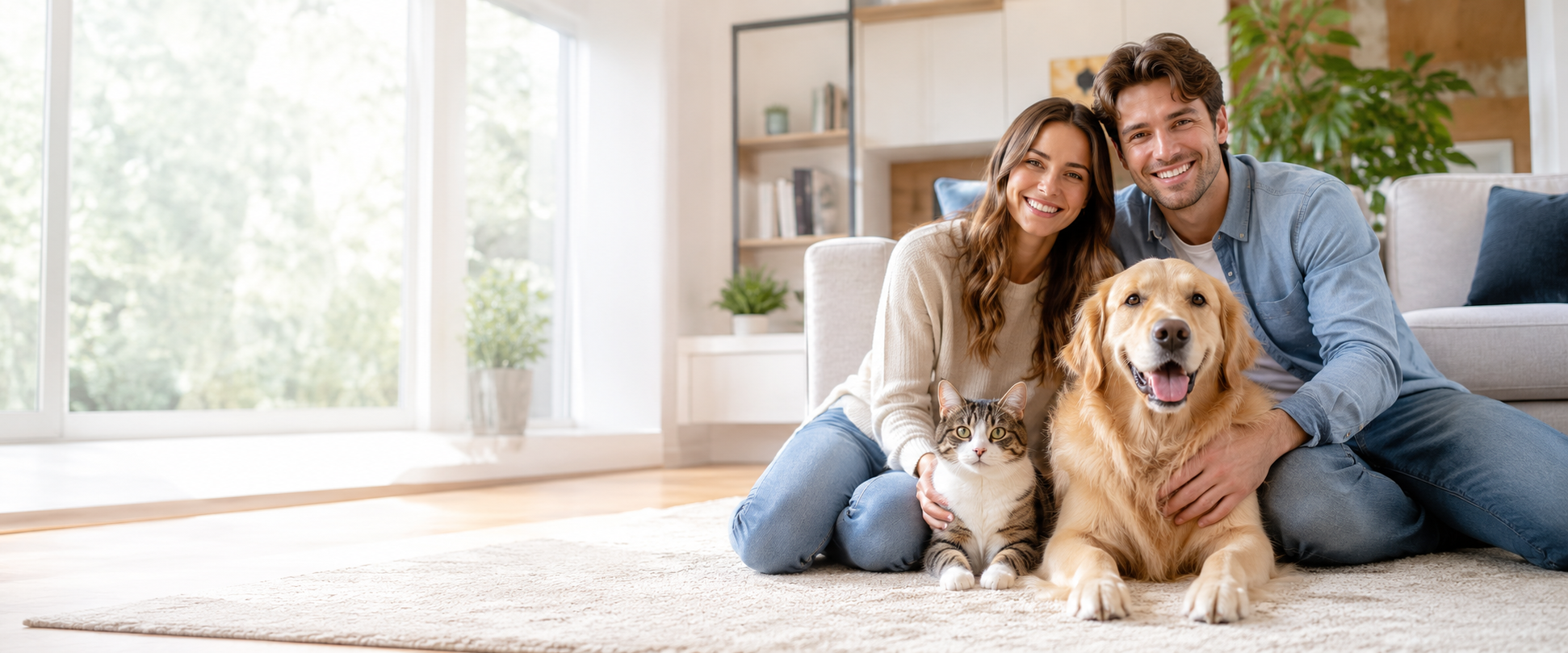 Couple sitting on the living room floor with their golden retriever and cat