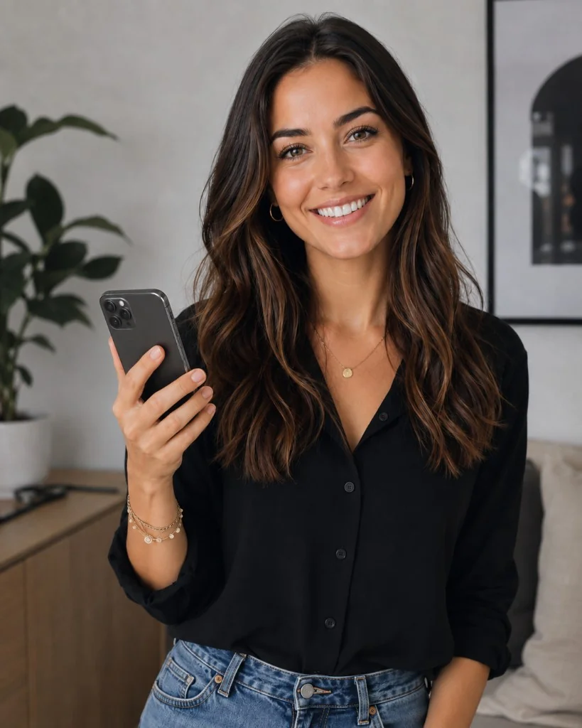 Smiling woman holding a phone, ready to get covered