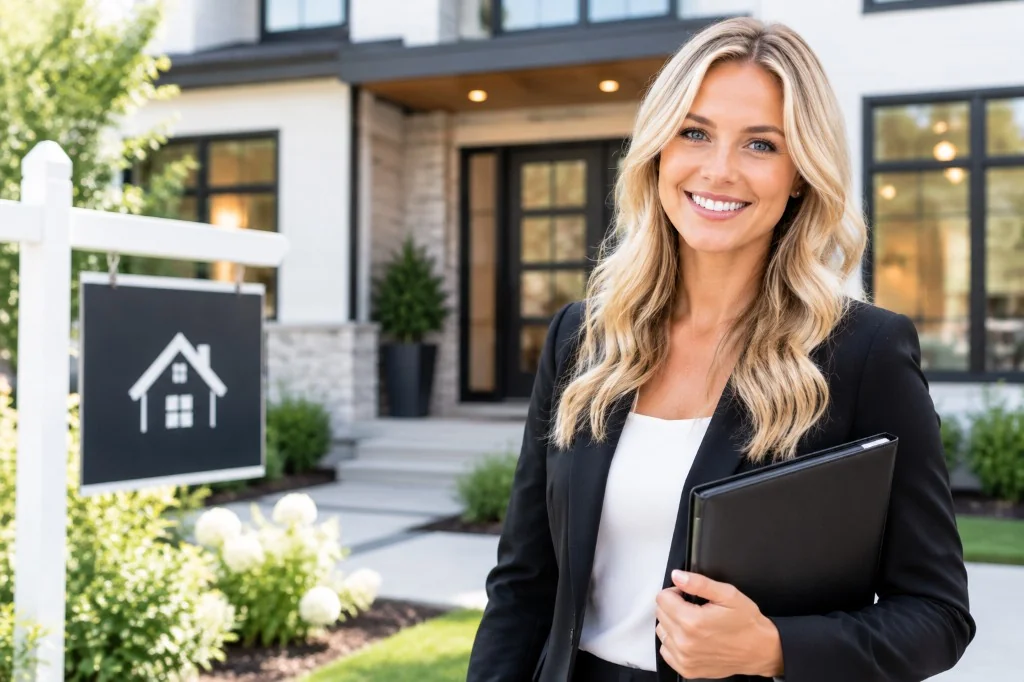 Smiling realtor standing outside a home