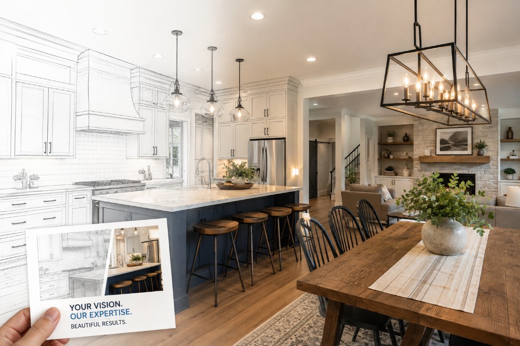Kitchen remodel shown from blueprint sketch to finished open-concept home