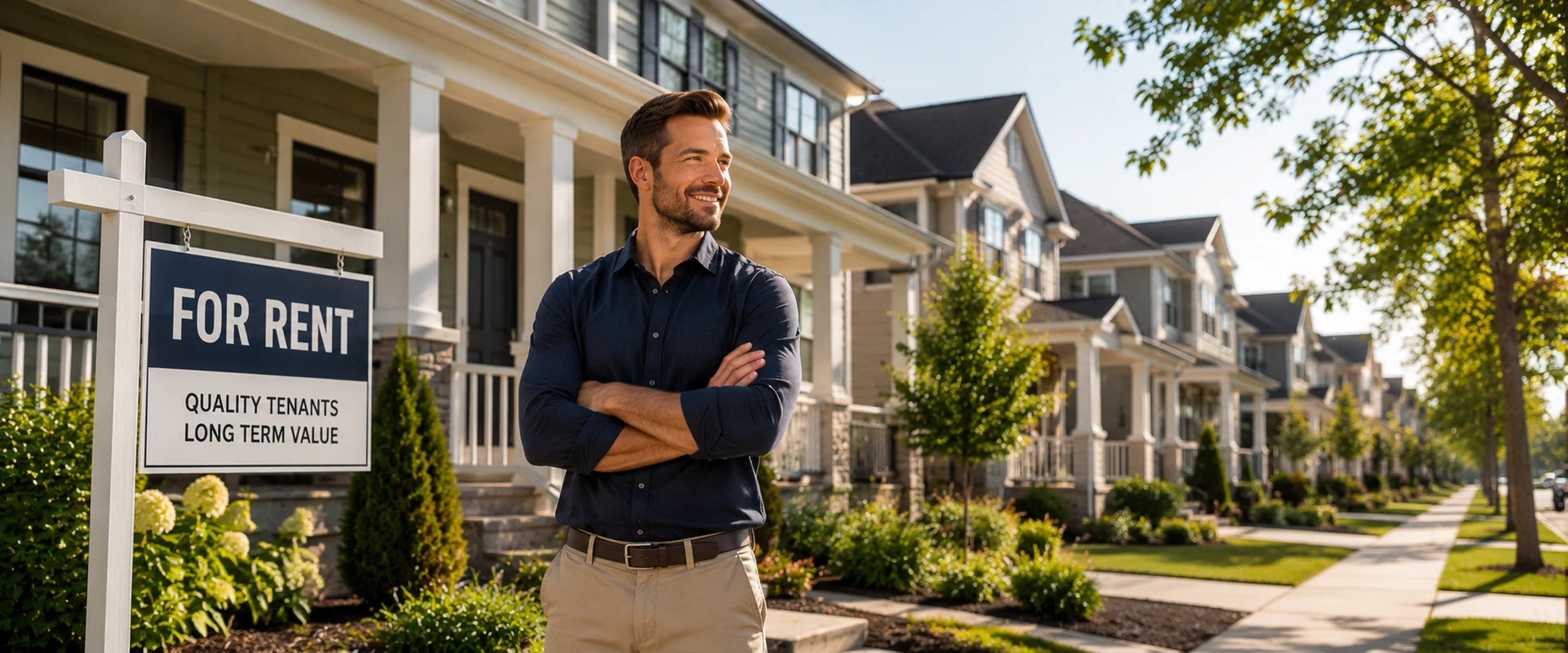 Landlord standing beside a For Rent sign in front of a row of rental townhomes