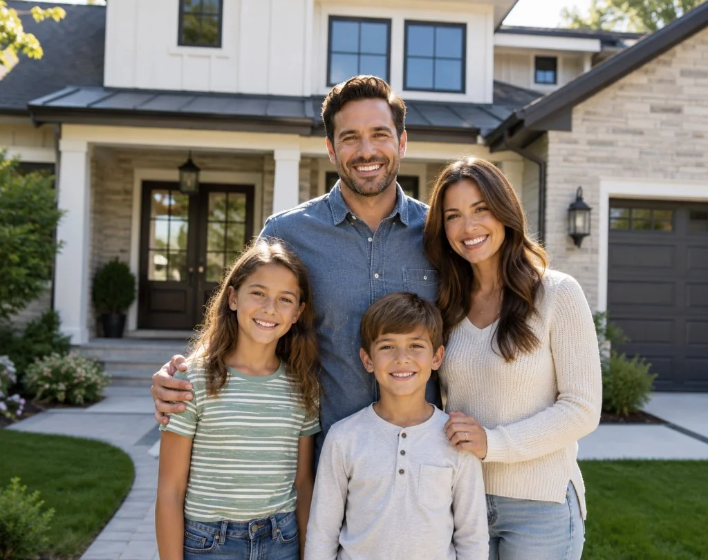 Happy family standing in front of their home
