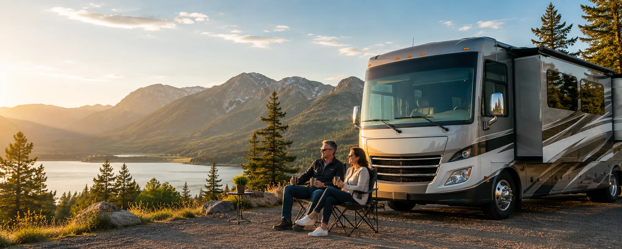 Couple relaxing beside a motorhome at a scenic mountain lake overlook at sunset