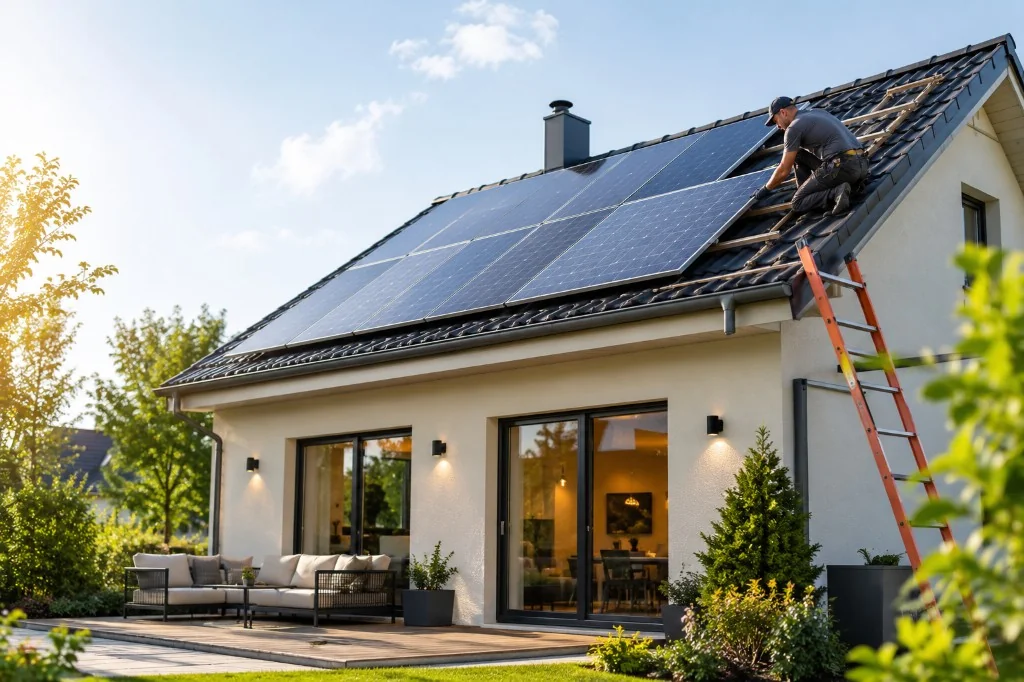 Technician installing solar panels on a sunny residential home