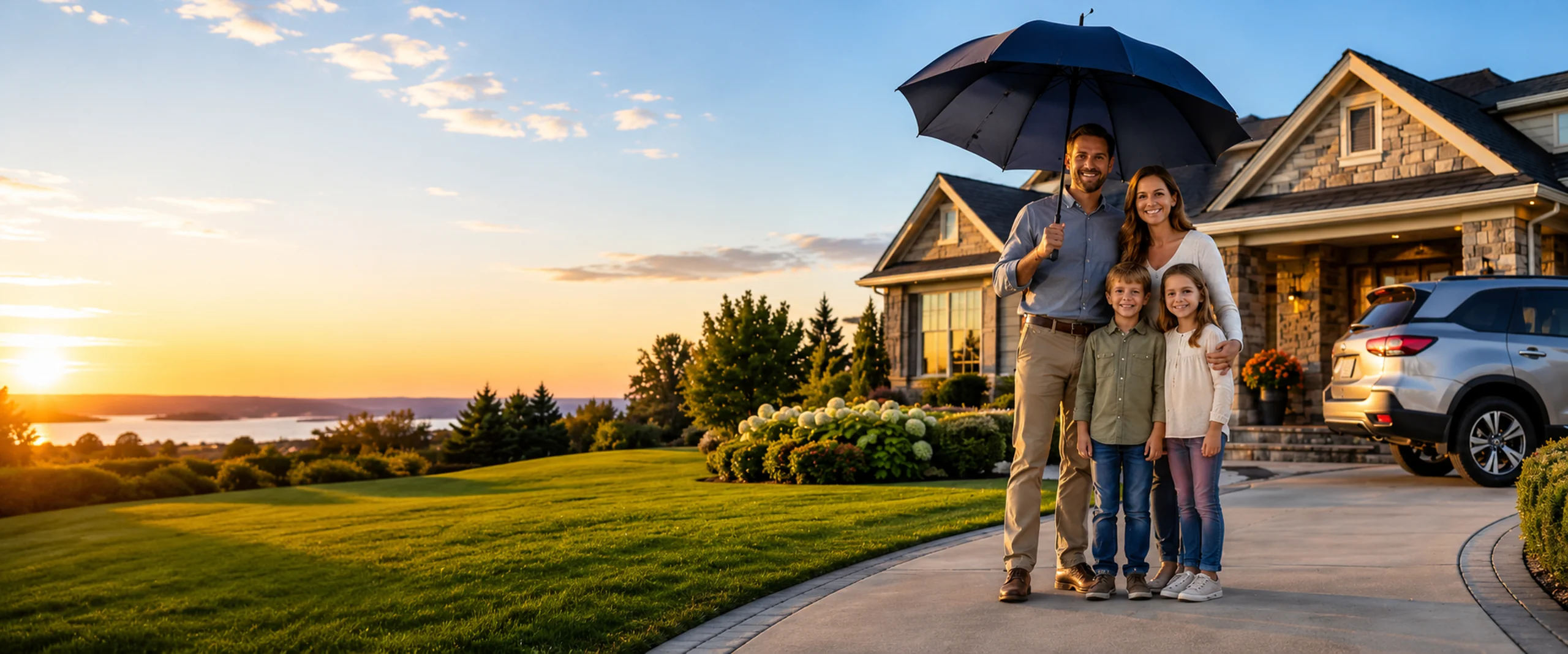 Family standing under a large umbrella in front of their home at sunset