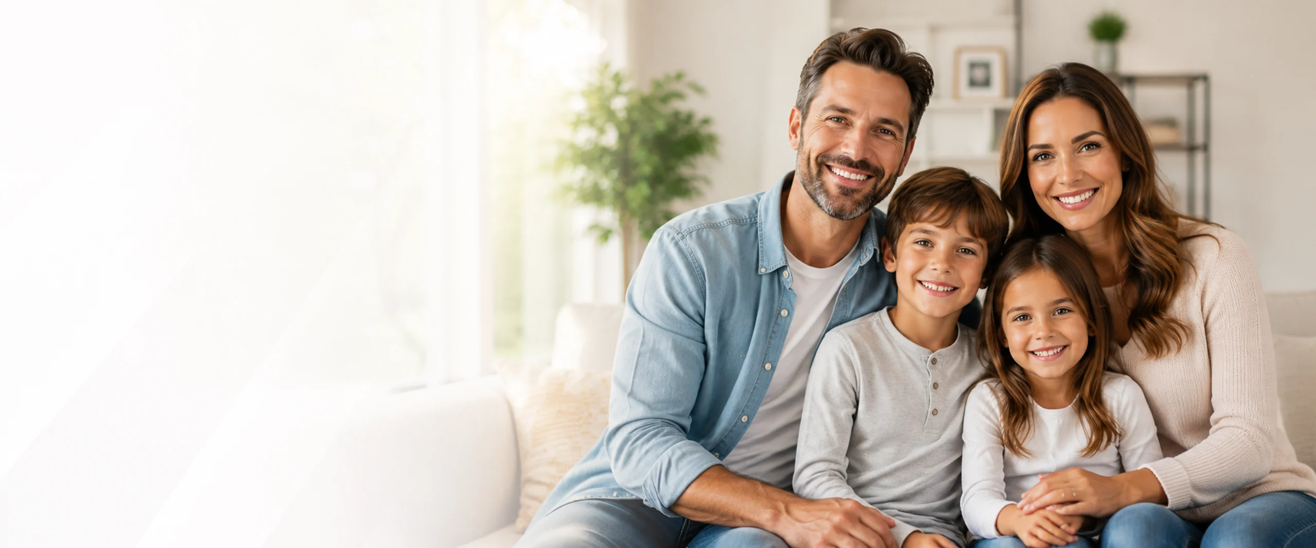Family of four smiling together on a couch in a bright living room