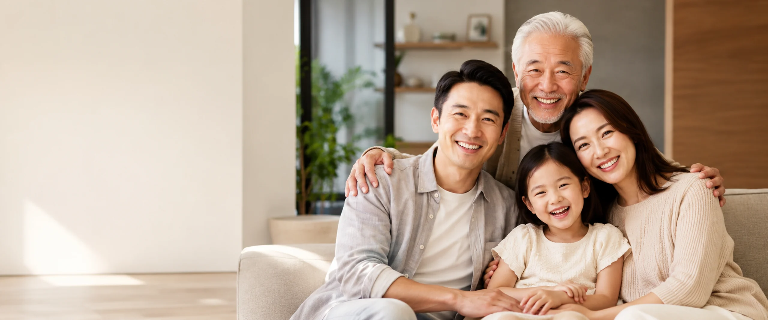 Multi-generational family smiling together on a sofa in a bright living room