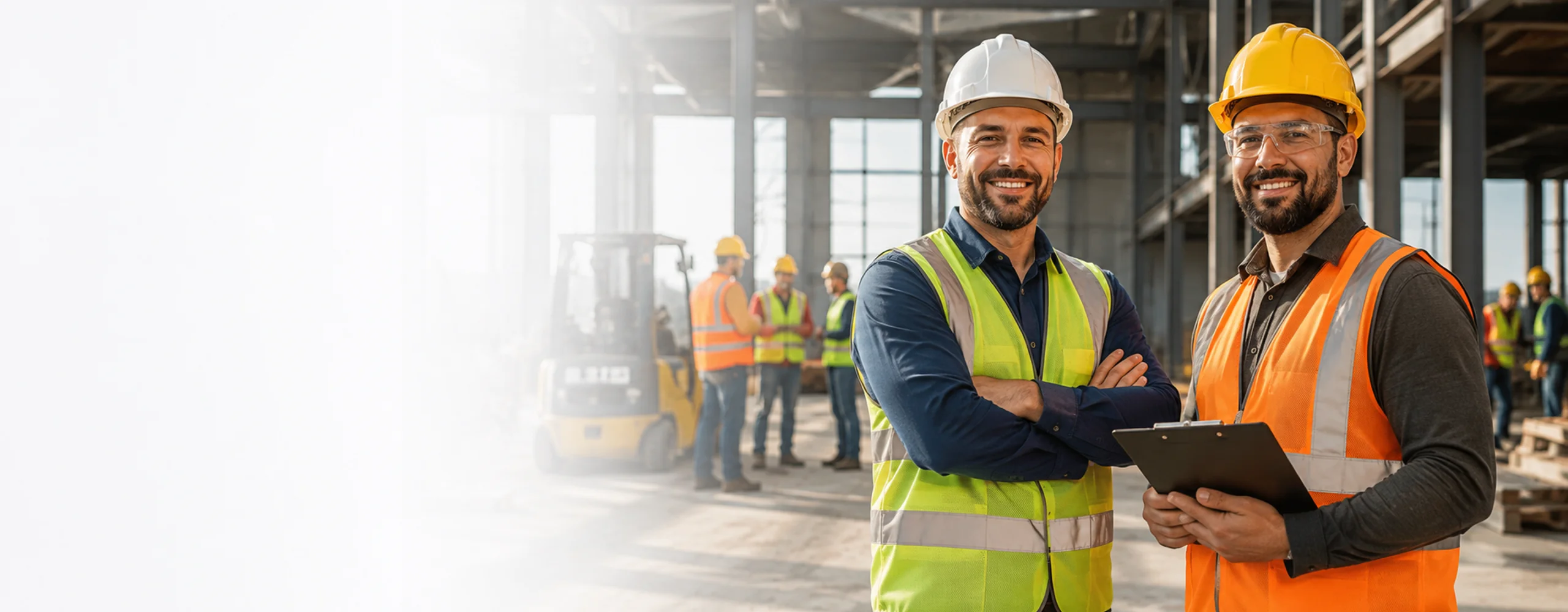 Two construction workers in hard hats and safety vests at a job site
